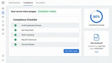 F&amp;I dealership compliance software dashboard displaying deal checklist and OFAC verification