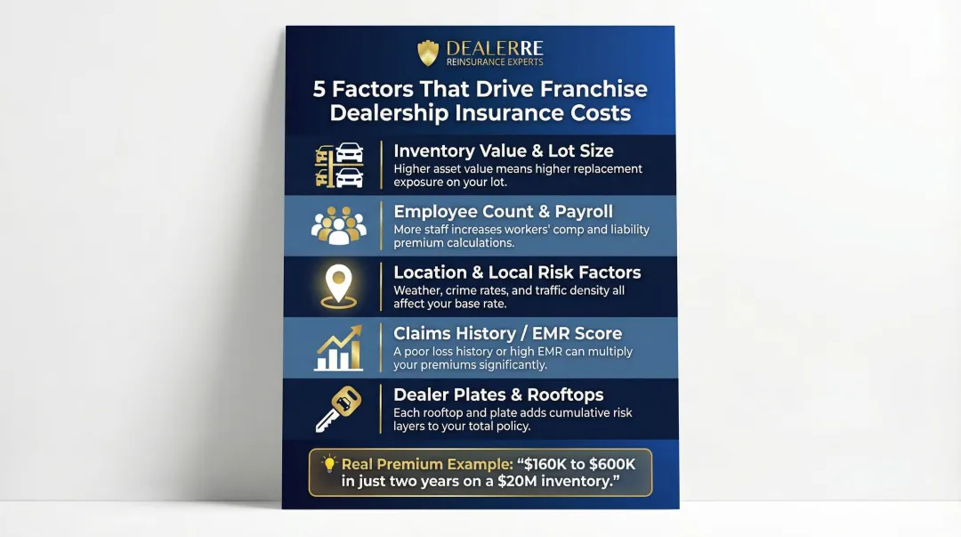 Five primary cost drivers affecting franchise auto dealership insurance premiums infographic