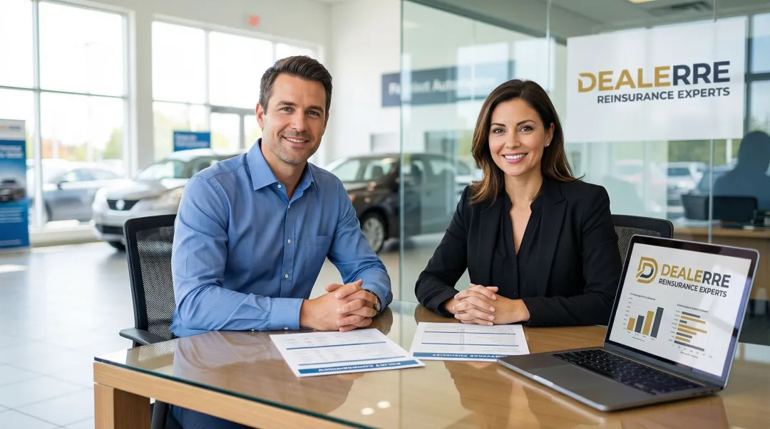 Insurance broker and franchise auto dealer reviewing coverage documents at office desk