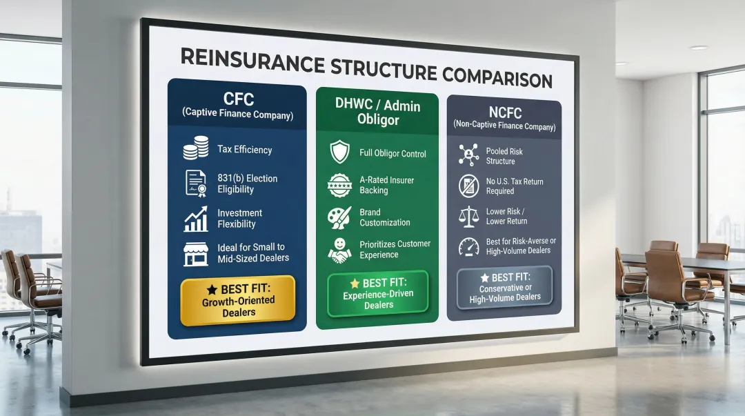 Three dealer reinsurance structure types CFC DHWC and NCFC comparison chart