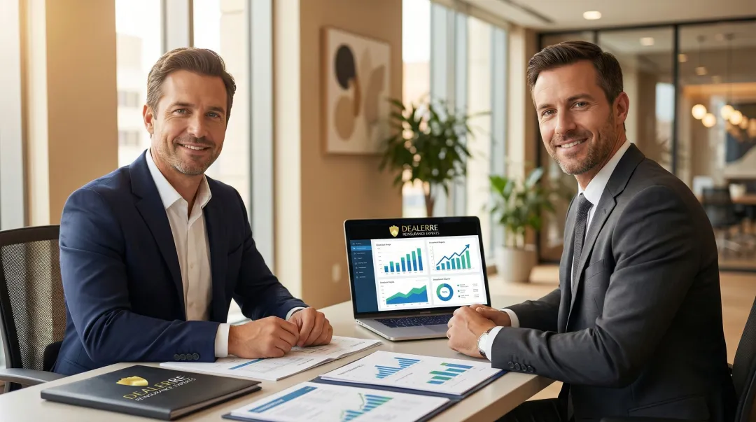 Dealer principal reviewing reinsurance investment strategy options with financial advisor