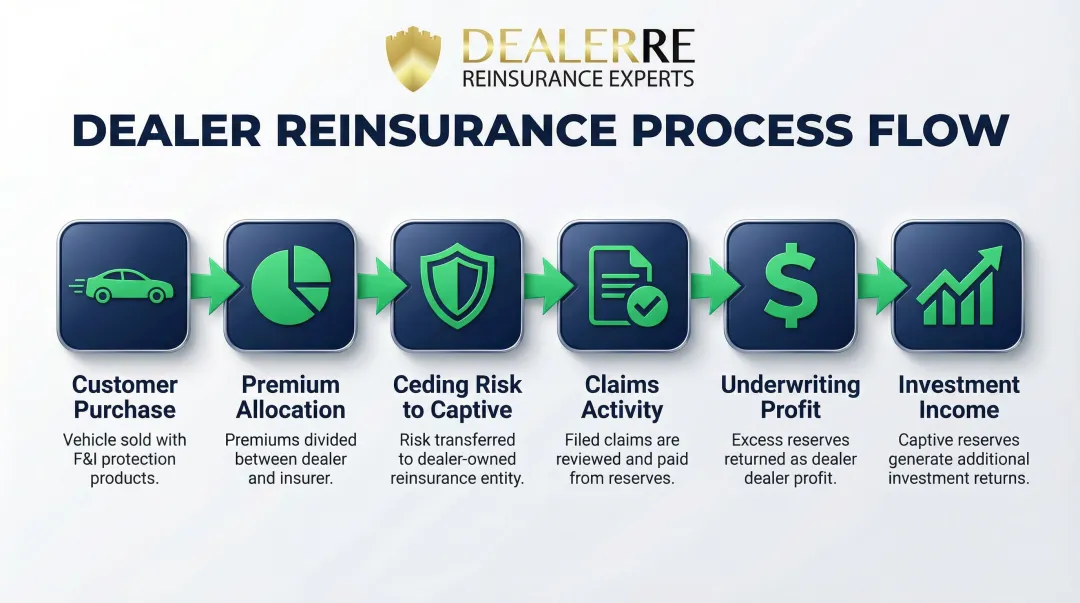6-step dealer reinsurance money flow from customer purchase to investment income