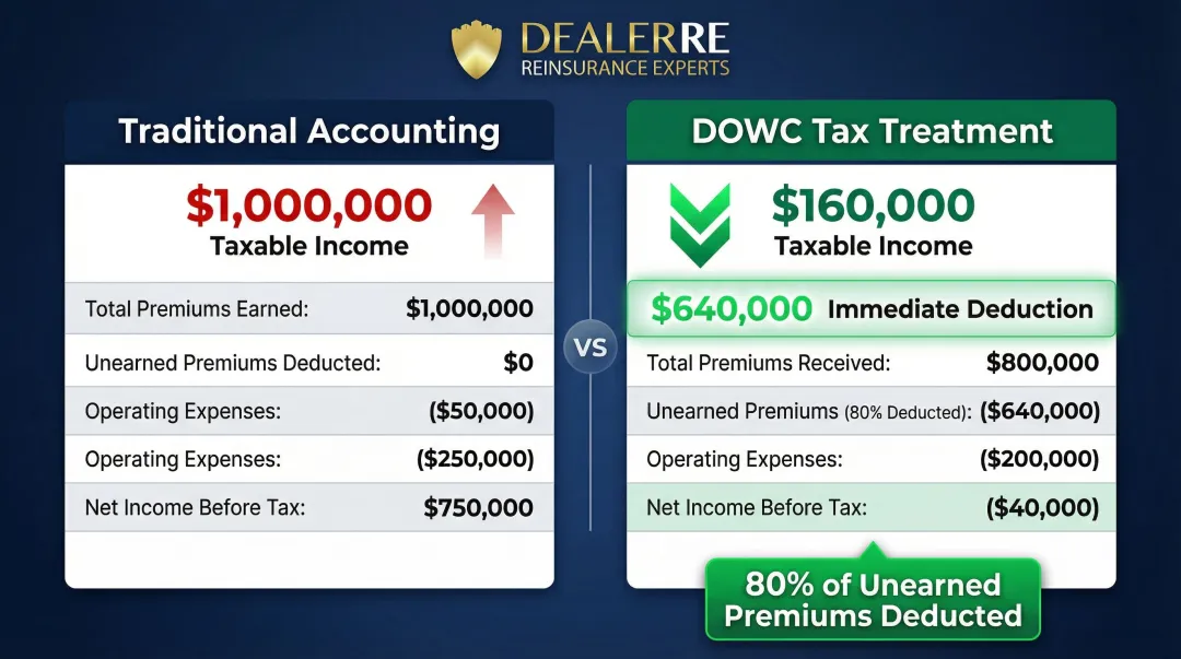 DOWC versus traditional taxation comparison showing 80% unearned premium reserve deduction