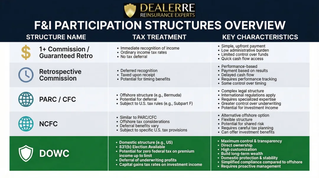 Five dealer F&I profit participation structures comparison chart with tax treatment breakdown