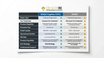 831(b) captive versus DOWC ten-dimension side-by-side comparison chart infographic