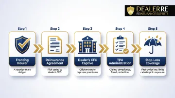 5-step 831(b) captive reinsurance flow from fronting insurer to dealer profit