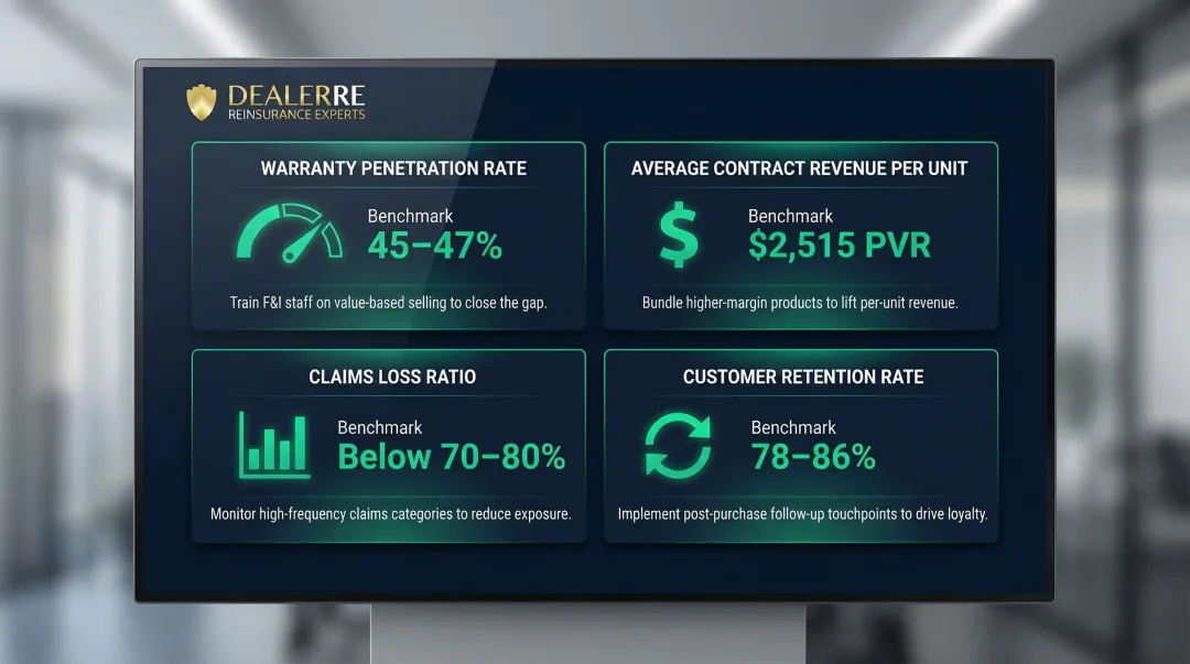 Four key dealer warranty program KPIs benchmarks and optimization actions dashboard