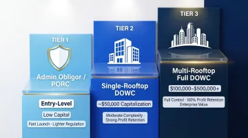 Three DOWC structure tiers comparing startup costs profit retention and complexity