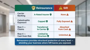 Reinsurance versus SIR risk exposure and downside protection comparison table infographic