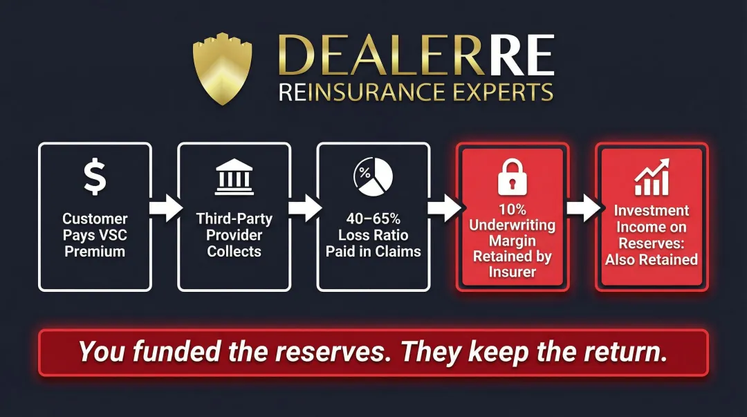 Third-party F&I underwriting profit leakage flow showing where dealer money goes