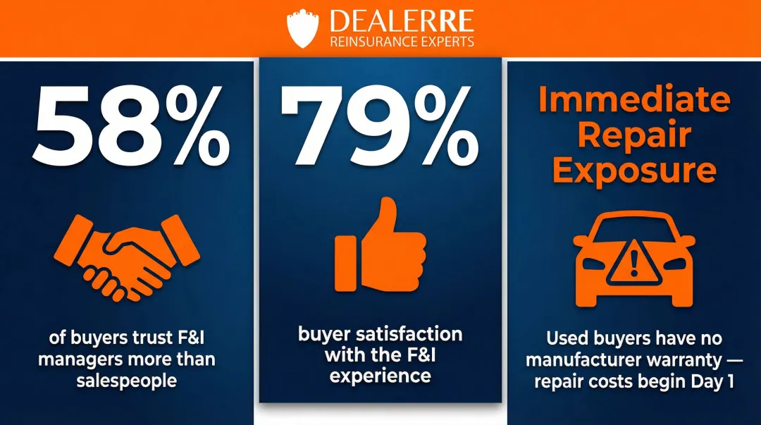 Used car buyer F&I trust statistics and mechanical risk advantage infographic