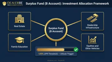 Four dealer surplus fund investment options with wealth building growth pathway diagram