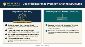 Proportional versus non-proportional dealer reinsurance premium structure comparison infographic