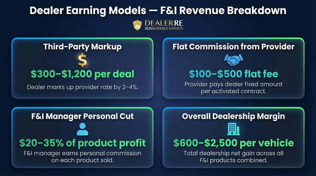 Four extended warranty dealer earning models comparison with typical commission ranges