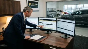 Dealer group principal reviewing multi-rooftop reinsurance performance data across dashboards
