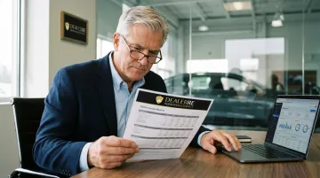 Dealer reviewing reinsurance performance reports and financial planning documents at desk