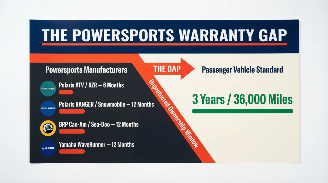 Powersports OEM warranty comparison table versus passenger vehicle 3-year coverage gap