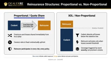 Proportional quota share versus non-proportional XOL reinsurance structure comparison infographic