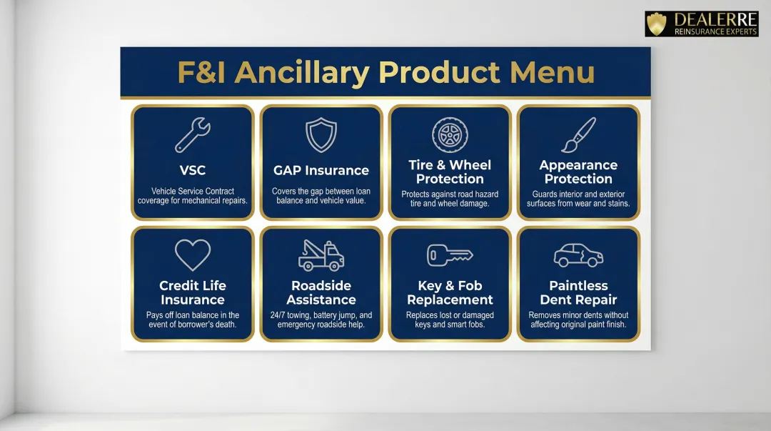 Eight auto ancillary F&I products comparison chart with icons and descriptions