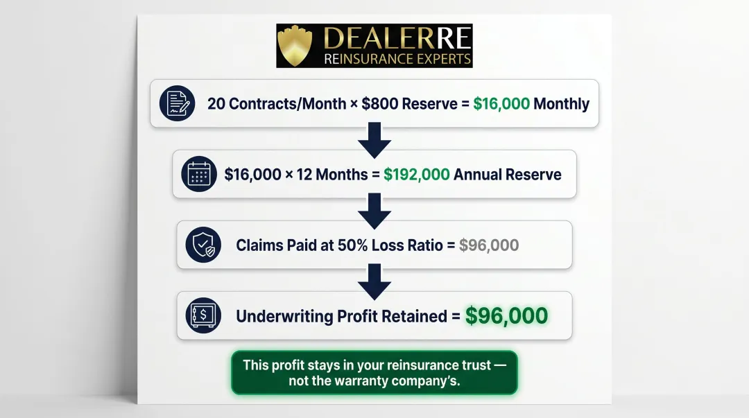 Dealer reinsurance annual underwriting profit calculation at 50 percent loss ratio