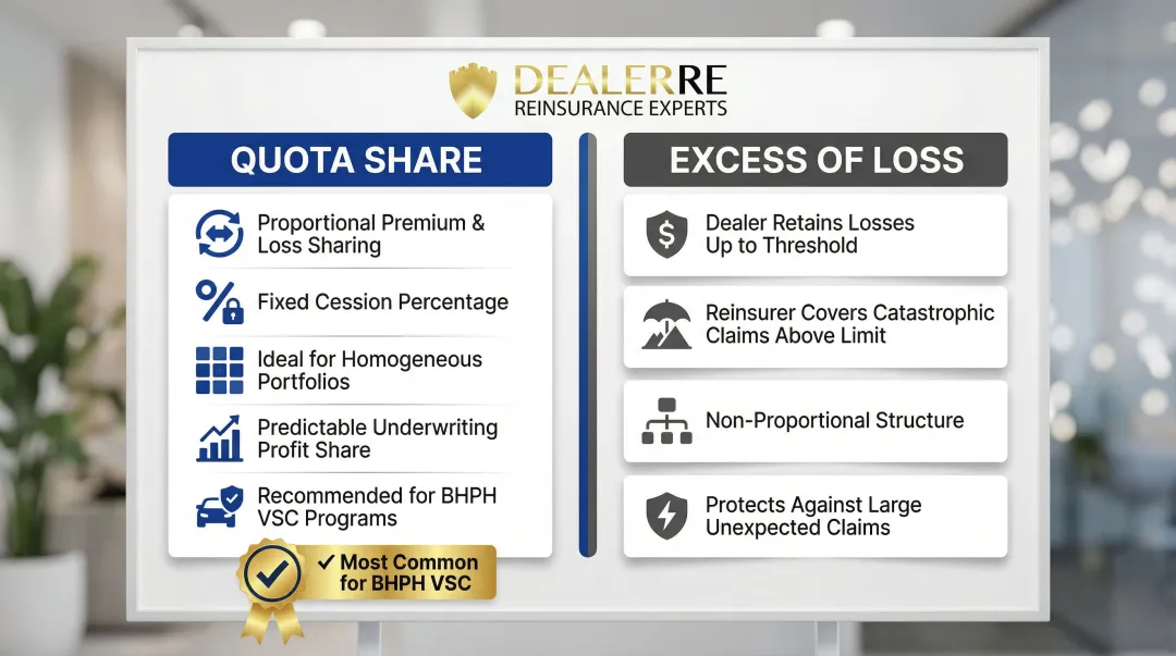 Quota share versus excess of loss reinsurance structure comparison for BHPH dealers