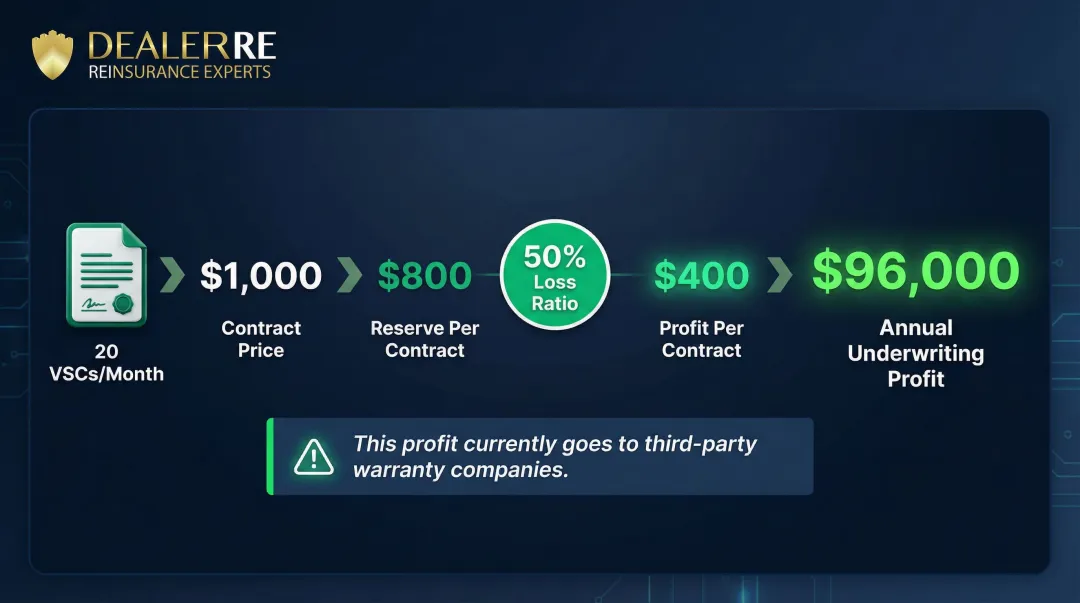 BHPH VSC reinsurance annual underwriting profit calculation example showing 96000 dollars