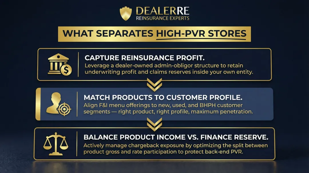 Three F&I profit optimization strategies for high-PVR dealerships process infographic