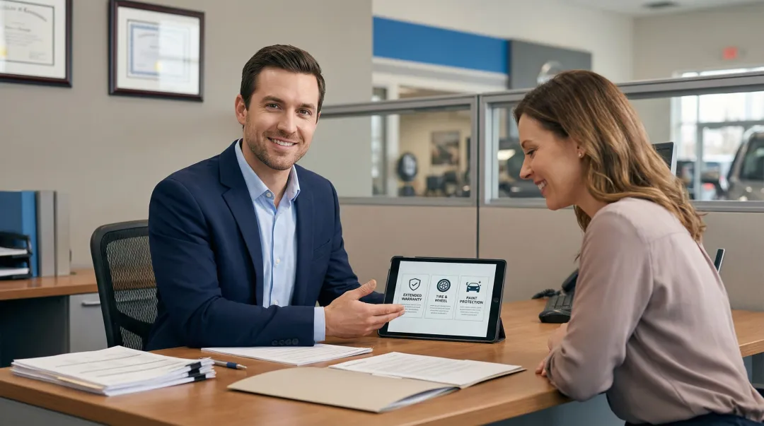 F&I manager presenting vehicle service contract options to car buyer at dealership desk