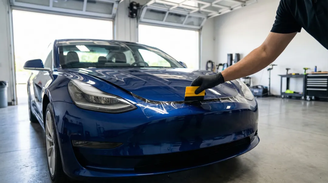 Automotive paint protection film application on new car in dealership detail bay