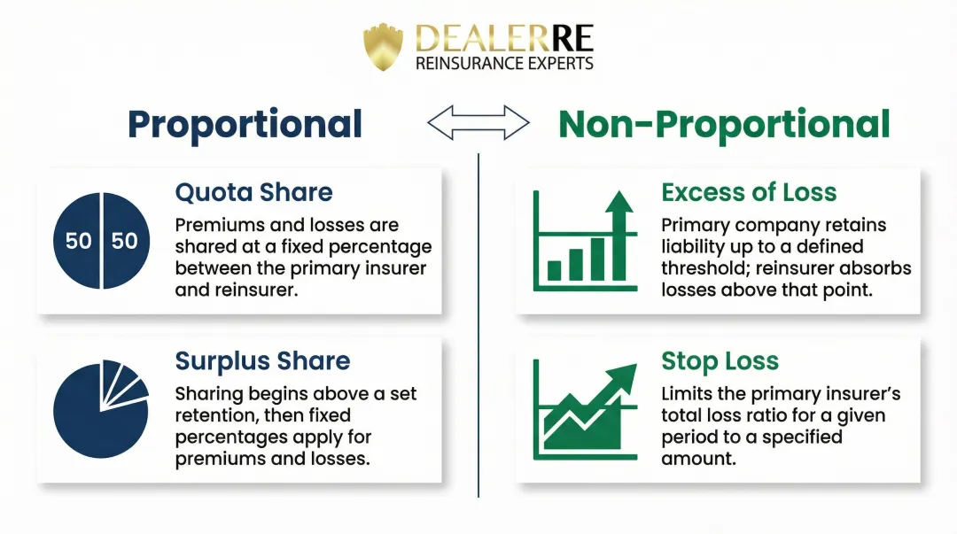 Proportional versus non-proportional reinsurance structures comparison infographic
