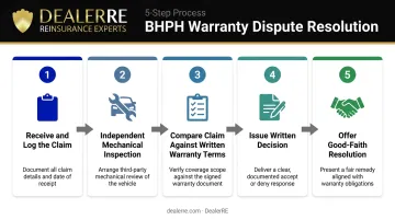 Five-step BHPH warranty claim dispute resolution process flow infographic