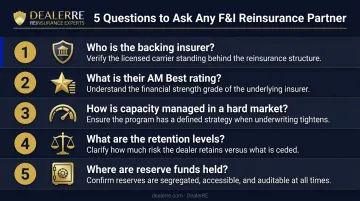 Five key questions dealers should ask F&amp;I reinsurance partners checklist infographic