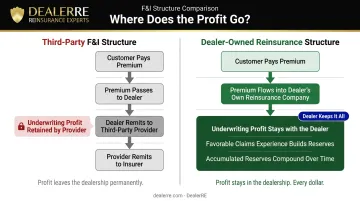 Third-party F&amp;I provider versus dealer-owned reinsurance profit flow comparison infographic