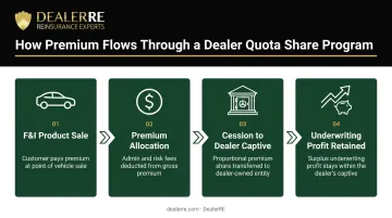 Dealer quota share reinsurance premium flow from sale to underwriting profit accumulation