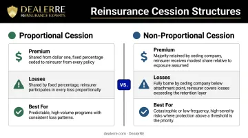Proportional versus non-proportional cession structure comparison chart for reinsurance programs