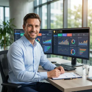 Warranty administrator analyzing claims data and financial reports on multiple computer screens