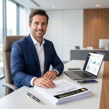 Professional warranty administrator reviewing service contract documents at modern office desk