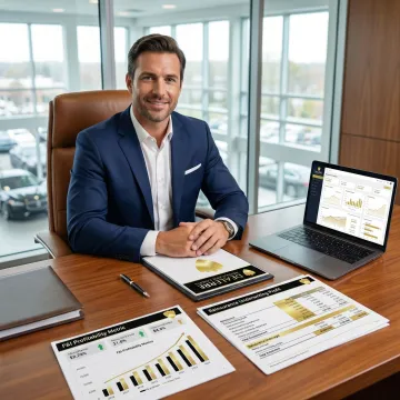 Independent car dealer reviewing F&I profit reports and reinsurance analytics