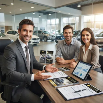 Professional F&I manager presenting vehicle protection plans to customers at independent car dealership