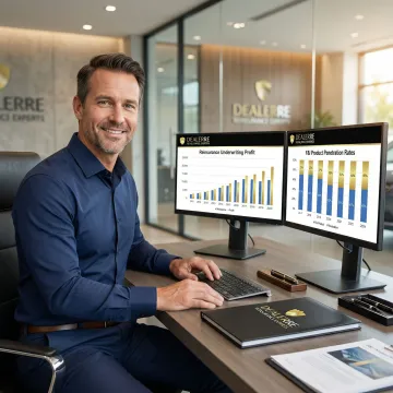 Dealership finance manager reviewing reinsurance profit reports on tablet
