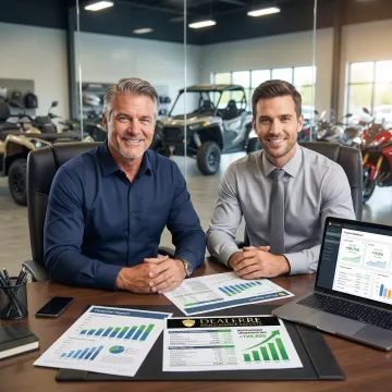 Finance manager reviewing reinsurance profit reports with powersports dealer owner