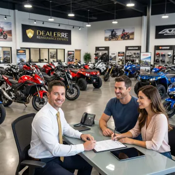 Powersports dealership showroom with motorcycles, ATVs, and customers discussing financing options