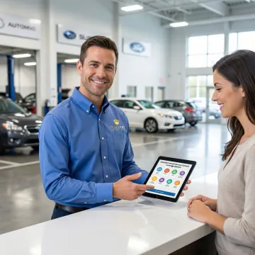 Professional automotive technician reviewing vehicle service contract details with customer in modern service center