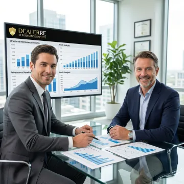 Auto dealership finance manager discussing reinsurance solutions with client