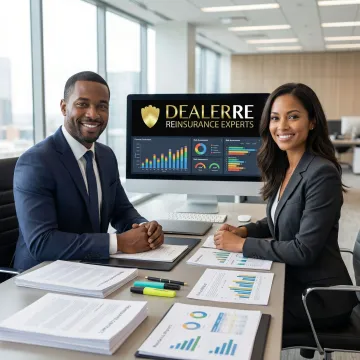 Professional reinsurance team reviewing structured financial solutions and contracts