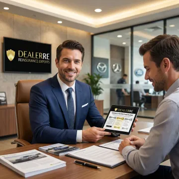 Dealership finance manager presenting vehicle protection plans to customer