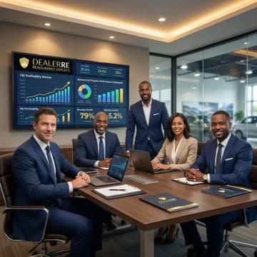 Dealership group executives reviewing reinsurance profit reports