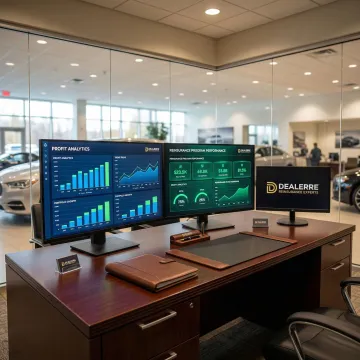 Dealership finance office with financial charts showing increased profitability