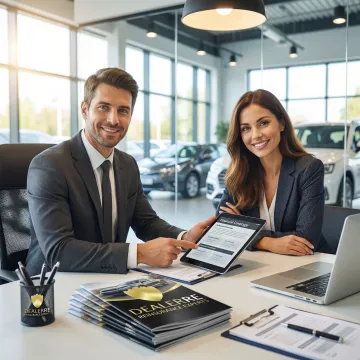 Professional auto dealer reviewing financial protection documents with customer