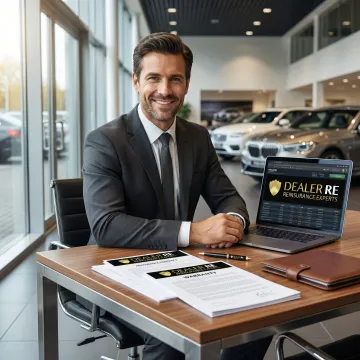 Auto dealer reviewing financial documents and warranty contracts in modern dealership office